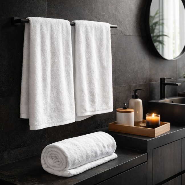 Ręcznik hotelowy AQUA 70x140 cm w kolorze białym, gładki, o gramaturze 400 g/m². Zawieszony na wieszaku w łazience, obok zwinięty na ciemnym blacie. W tle widoczna umywalka z kosmetykami i świecą, tworząc elegancki klimat.