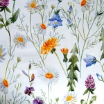Pościel satyna bawełniana 160x200 Floria w kolorze białym, pokryta wzorem polnych kwiatów, w tym stokrotek, dzwonków i innych roślin. Tło jednolite, z delikatnym nadrukiem kwiatowym w odcieniach żółci, fioletu i błękitu.