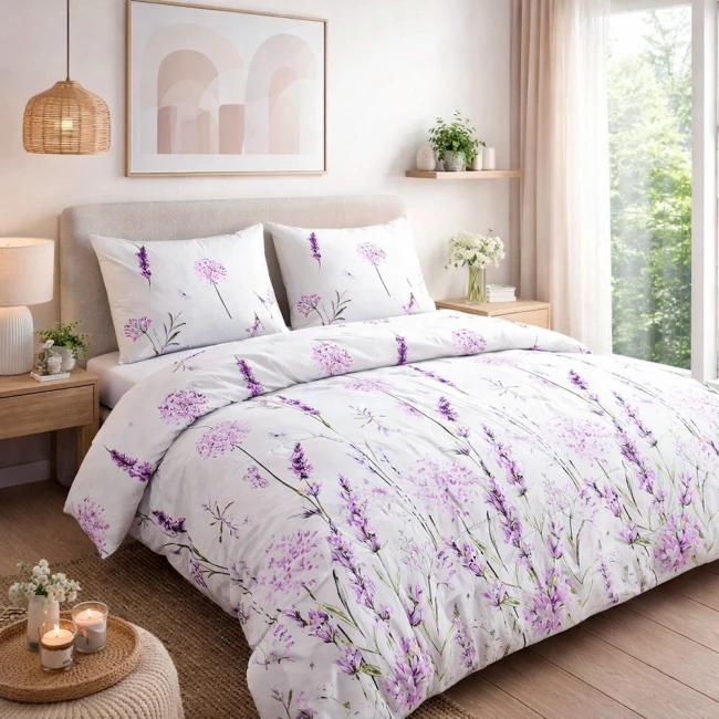  Delikatna, piękna biała pościel w fioletowe kwiaty lawendy w 160x200 cm z kolekcji Cottonlove 