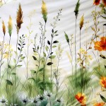 Pościel satyna bawełniana 180x200 Solaia w kremowym kolorze z kwiatowym wzorem przedstawiającym zieloną łąkę, z różnorodnymi roślinami i kwiatami w odcieniach żółci, zieleni i bieli, na gładkim tle.