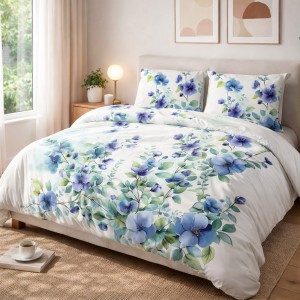 Pościel satyna bawełniana 180x200 Azurea biała w niebieskie kwiaty, Satynlove Premium