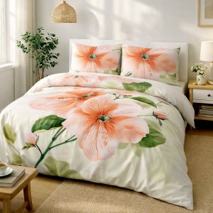 Pościel satyna bawełniana 140x200 Camellia kremowa w pomarańczowe kwiaty, Satynlove Premium
