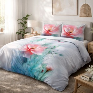 Poszewka dekoracyjna satynowa 40x40 Roselle szara i zielona w różowe kwiaty, Satynlove Premium
