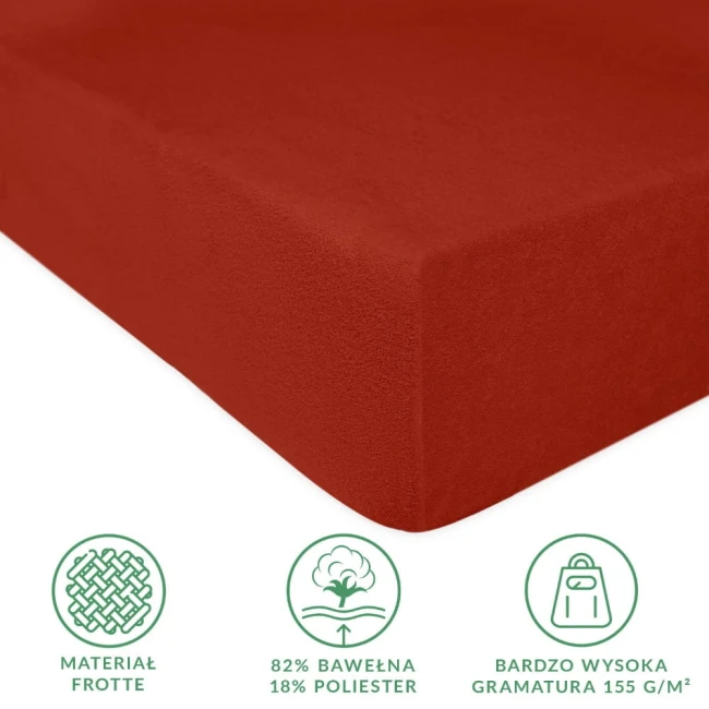 Prześcieradło frotte z gumką w kolorze bordo o wymiarach 70x160 cm, prezentowane w perspektywie z boku, na gładkim tle. Materiał teksturowany, wykonane z 82% bawełny i 18% poliestru. Widoczne logo i informacje o gramaturze.