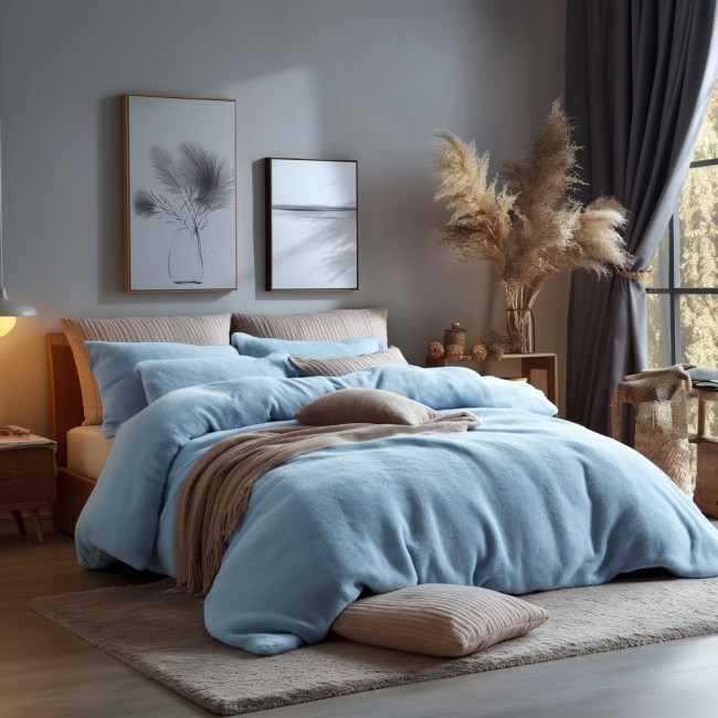  Niebieska przytulna subtelna pościel frotte 200x220 cm + 2x poszewki na poduszki 80x80 cm, jednokolorowa tkanina 