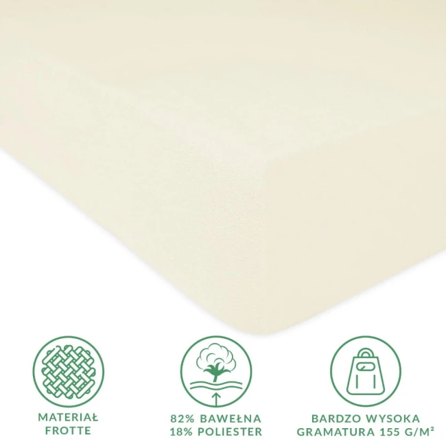 Prześcieradło frotte w kolorze ecru, o wymiarach 80x180 cm, wykonane z 82% bawełny i 18% poliestru. Widoczne jest w zbliżeniu, z wyraźną fakturą i elastyczną gumką. Tło neutralne. Logo oraz detale dotyczące materiałów i gramatury umieszczone obok.