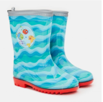 Kalosze gumiaki dziecięce Cool Kids Rybki w kolorze błękitnym z falistym wzorem. Produkt z logo Cool Kids i kolorowymi rybkami. Stojące na wygiętej podeszwe w czerwonym kolorze. Materiał wodoodporny, idealny do zabaw w deszczu.