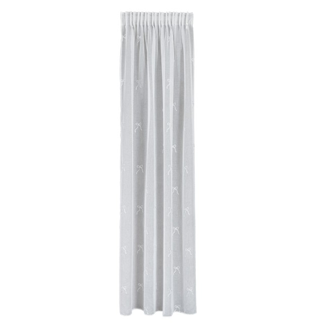 Firana gotowa na etaminie, haftowana, w kolorze białym z srebrnym wzorem kokardek, na taśmie. Wymiary: 140 x 250 cm. Ułożona w pionie, z ołowianką, na prostym tle.
