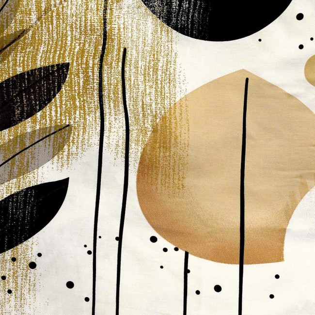 Pościel satyna bawełniana 160x200 cm w bieli z geometrycznym wzorem w beżu i czerni. Wzór zawiera różne kształty, w tym okręgi i linie, na tle o delikatnej teksturze. Idealna do nowoczesnych wnętrz.