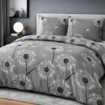 Pościel bawełniana 140x200 Dandelion szara w białe i czarne dmuchawce, Cottonlove