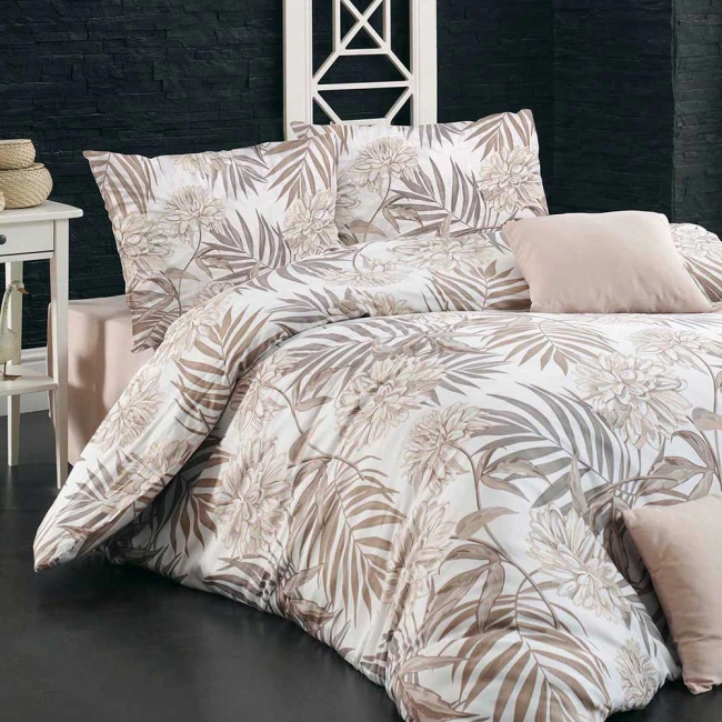  Piękny komplet pościeli 200x220 cm + 2x poszewki na poduszki 70x80 cm w beżowe dekoracyjne liście 