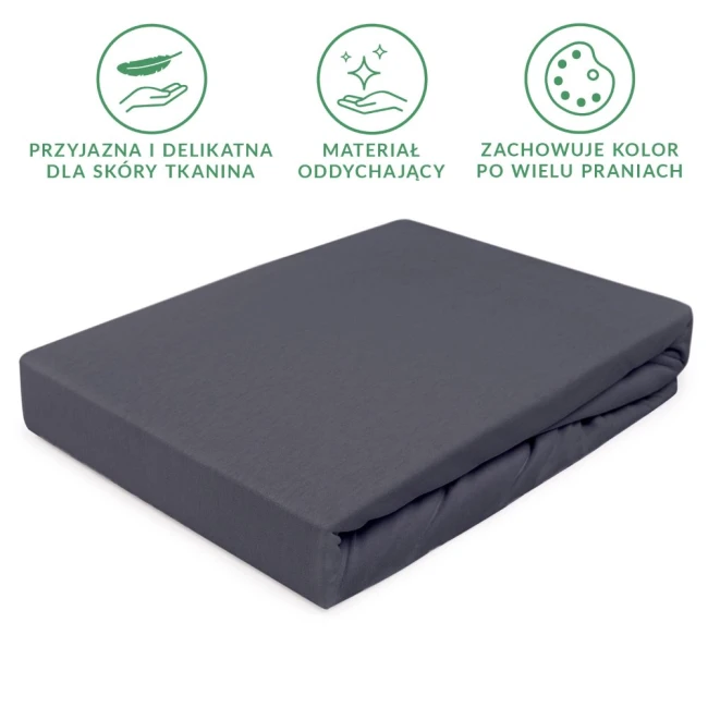 Prześcieradło jersey z gumką w kolorze antracytowym, o wymiarach 60x120 cm, w pozycji leżącej, na jednolitym tle. Materiał oddychający, przyjazny dla skóry, z gładką fakturą. Nie zawiera widocznych napisów ani logo.