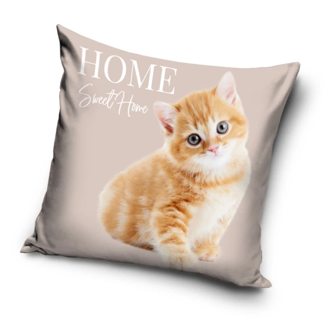  Beżowa poszewka dekoracyjna z rudym kotkiem i napisem Home Sweet Home na pastelowym tle 