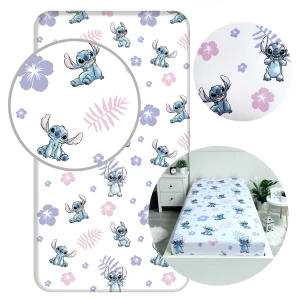 Prześcieradło bawełniane dziecięce z gumką 90x200 Lilo & Stitch, białe