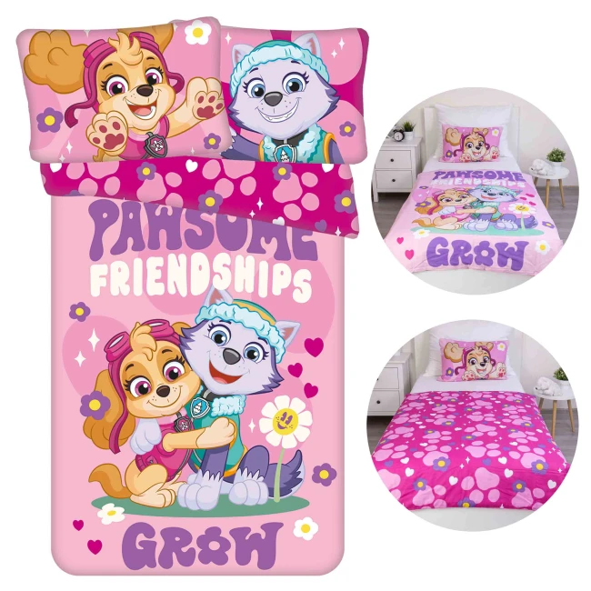  Różowa pościel do łóżeczka Psi Patrol ze Skye i Everest, kwiatkami, serduszkami i napisem Pawsome Friendships Grow 