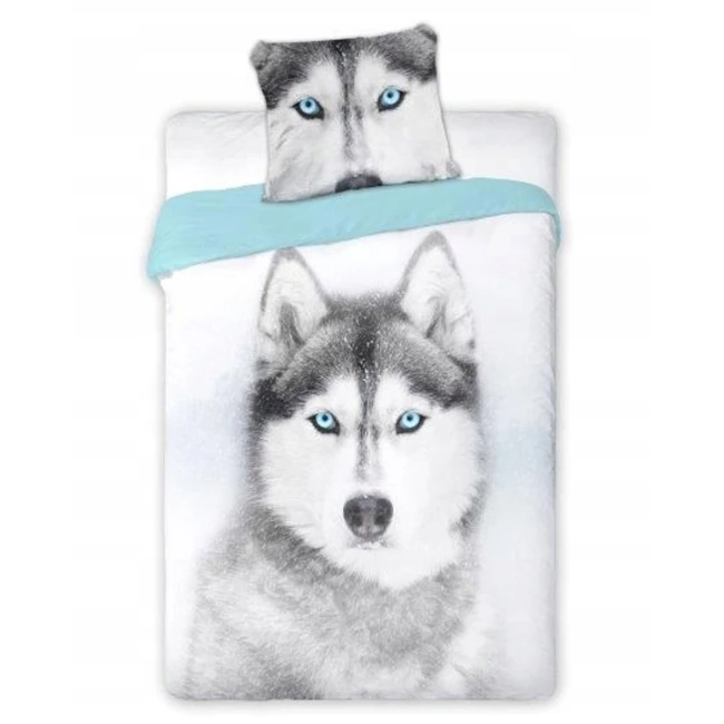 Pościel bawełniana 160x200 Pies Husky, młodzieżowa, biała, szara i niebieska