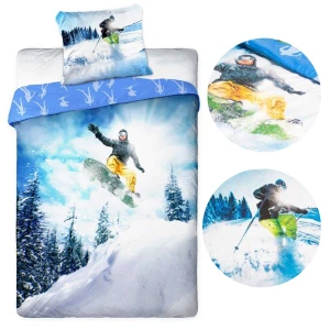 Pościel bawełniana 160x200 Snowboard, młodzieżowa, biała i niebieska