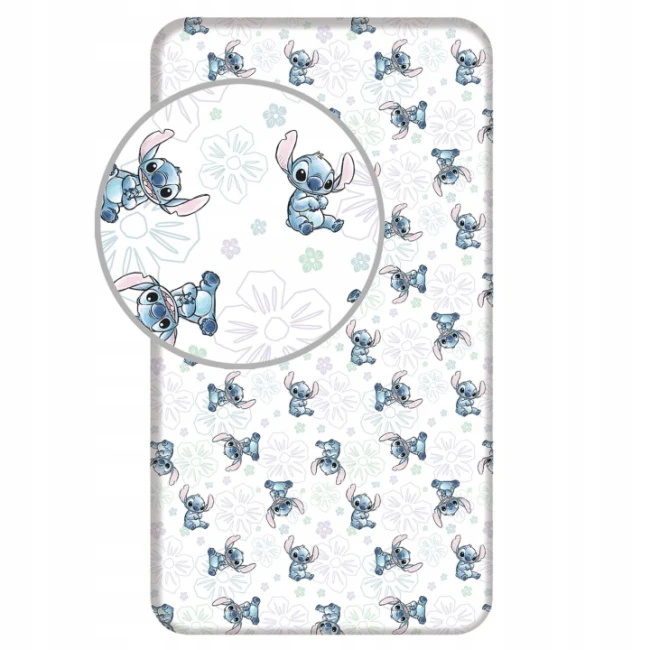  Białe prześcieradło dziecięce Lilo i Stitch ze Stitchem, delikatnymi kwiatami i pastelowym wzorem 
