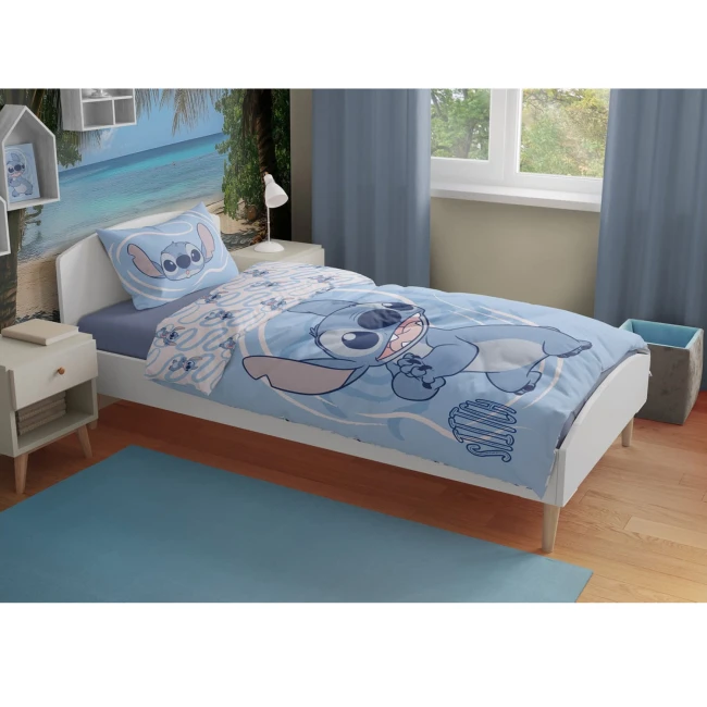 Pościel bawełniana dla dzieci 160x200 Lilo & Stitch, niebieska, dla chłopca