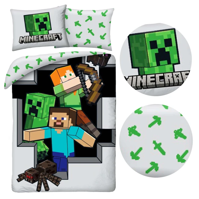  Jasna pościel Minecraft ze Stevem, Alex, Creeperem, pająkiem, logo Minecraft 