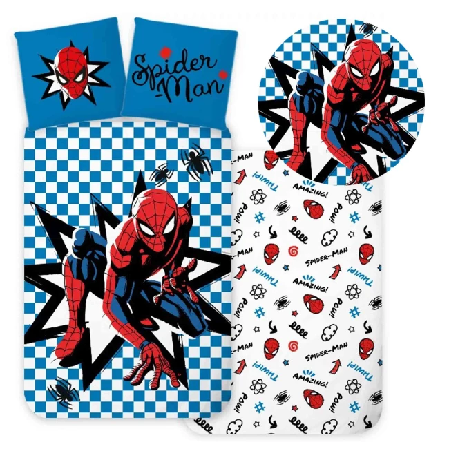  Pościel dziecięca Spiderman 100x135 w niebiesko-białą kratkę z dużą grafiką superbohatera 