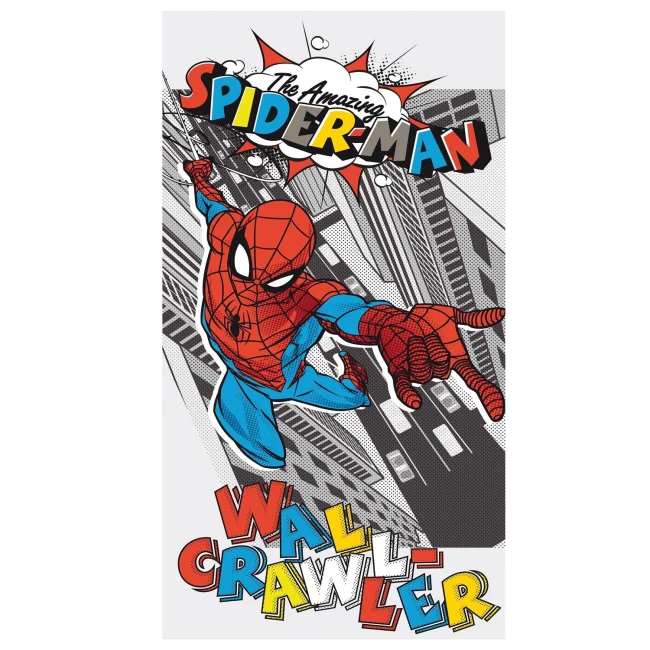  Biało-szary ręcznik Spider-Man z komiksową grafiką bohatera i kolorowymi napisami 