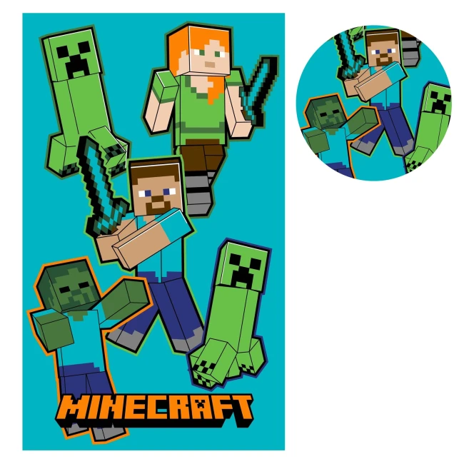  Turkusowy ręcznik Minecraft z pikselowymi postaciami i pomarańczowym logo 