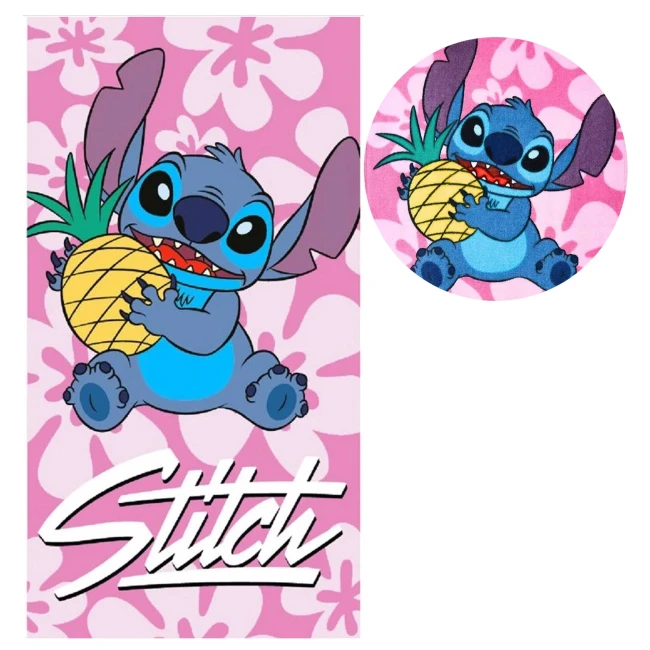  Różowy ręcznik Stitch z niebieskim bohaterem, ananasem i białymi kwiatami 