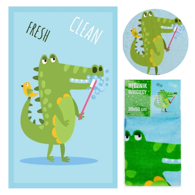  Błękitny ręcznik dziecięcy z zielonym krokodylem i napisem Fresh Clean 