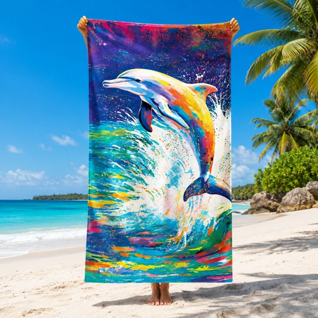  Bardzo duży, szybkoschnący, plażowy ręcznik z mikrofibry, w kolorowego delfina w rozmiarze 100x180 cm 