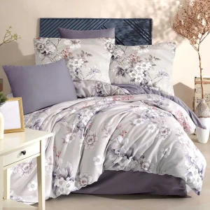 Pościel satyna bawełniana 160x200 Luxury Alenya, szara w kwiaty