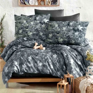 Pościel satyna bawełniana 220x200 Luxury Libera, szara w kwiaty