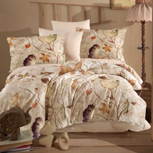 Pościel satyna bawełniana 220x200 Luxury Lumina, beżowa w kwiaty i liście