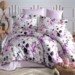 Pościel satyna bawełniana 160x200 Luxury Nora, biała w fioletowe kwiaty