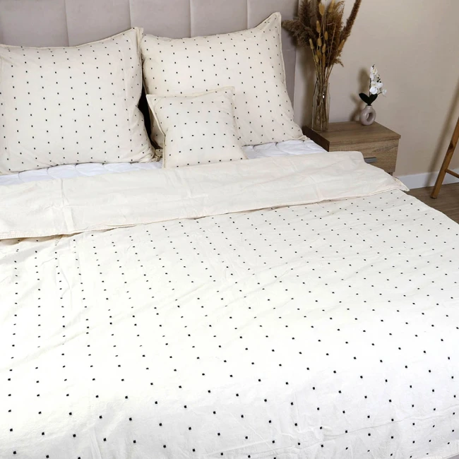  Pościel bawełniana Point Standard Natural 160x200 cm kremowa w czarne kropki 