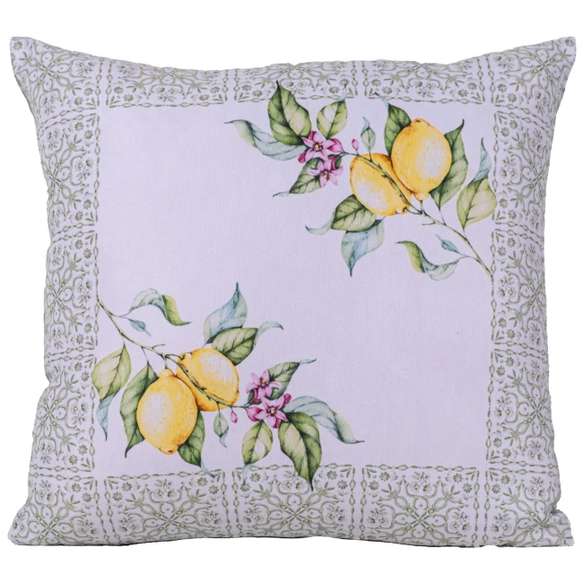  Biała dekoracyjna poszewka na poduszkę 43x43 cm, pasuje na poduszkę 40x40 cm, w zielony ornament i żółte cytryny 