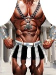 Fartuszek kuchenny 50x70 cm w stylu gladiatora z grafiką muskularnego mężczyzny w srebrnym płaszczu. Ułożony frontalnie, na białym tle, z wyraźnymi detalami, takimi jak łańcuch z medalionem oraz ozdobnymi elementami na rękawach.