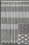 Firana żakardowa w kolorze białym, o wysokości 250 cm, z geometrycznym wzorem i zdobionym dołem. Produkt wiszący, widoczny z frontalnego ujęcia.