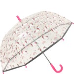 Przezroczysty parasol młodzieżowy z motywem jednorożca, z różowymi końcówkami i rączką. Ujęcie z boku, pokazujące rozłożony parasol z kolorowymi wzorami tęczy i jednorożców na tle białym. Materiał lekki, plastikowy z metalowym stelażem.