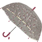 Parasol młodzieżowy, długi, przeźroczysty w kolorze szarym, ozdobiony wzorem jednorożców i tęczy. Ujęcie z boku, rozłożony, z różowym uchwytem w kształcie litery S. Idealny na deszczowe dni, lekki i funkcjonalny.