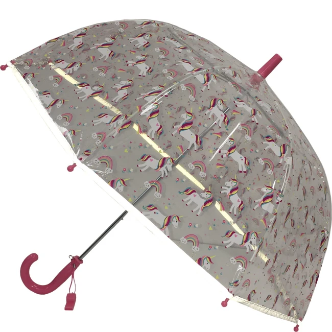 Parasol młodzieżowy, długi, przeźroczysty w kolorze szarym, ozdobiony wzorem jednorożców i tęczy. Ujęcie z boku, rozłożony, z różowym uchwytem w kształcie litery S. Idealny na deszczowe dni, lekki i funkcjonalny.