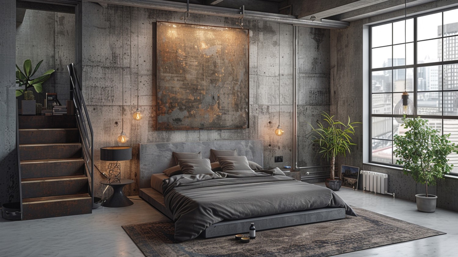 sypialnia loft szara
