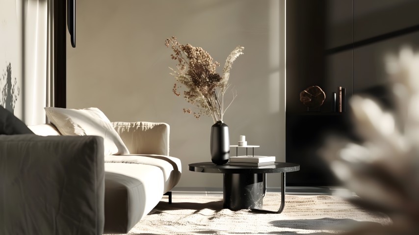 bezowy salon z czarnymi dodatkami