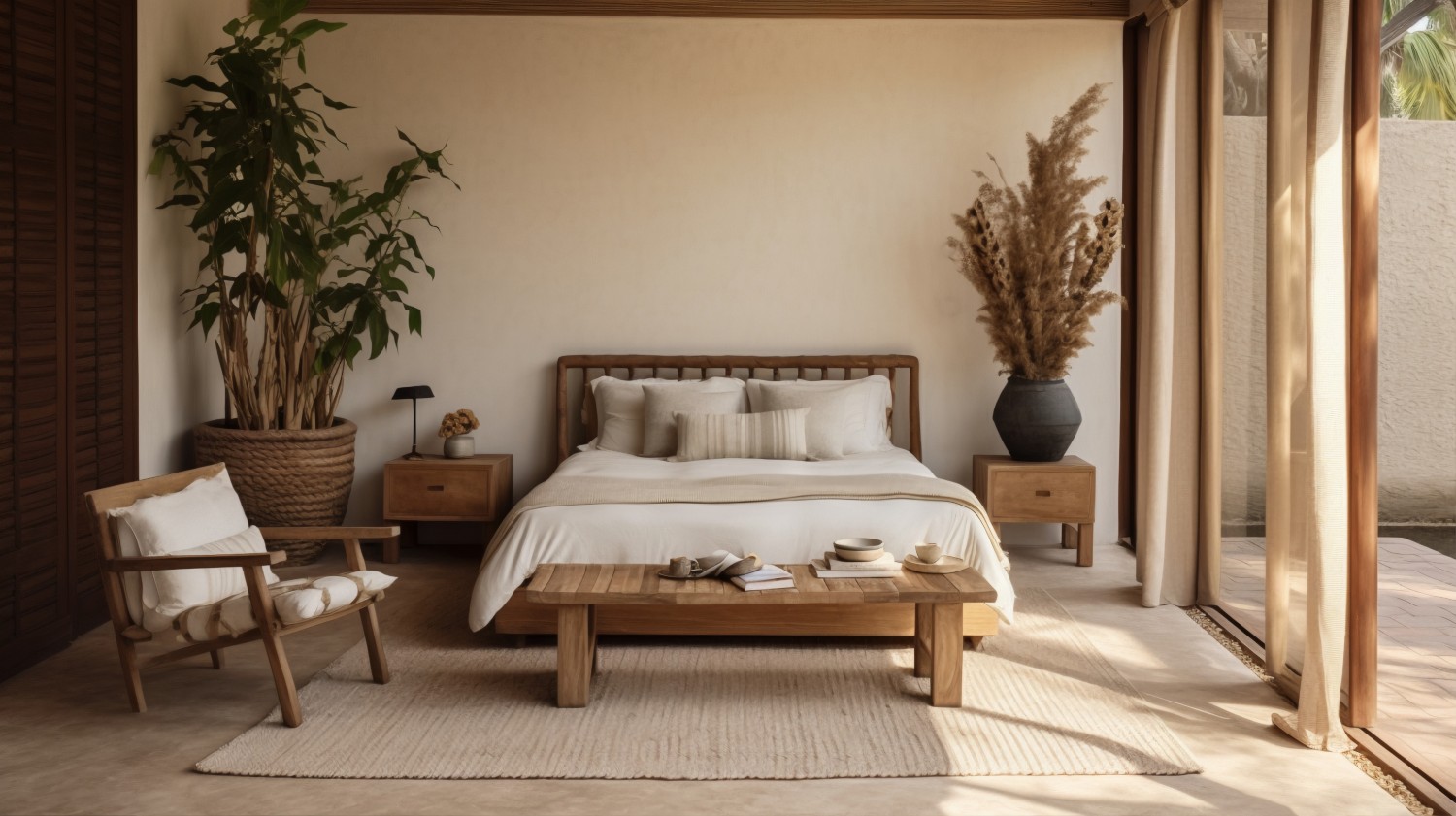 styl scandi boho – Sypialnia scandi boho opiera się na warstwowo ułożonych tekstyliach