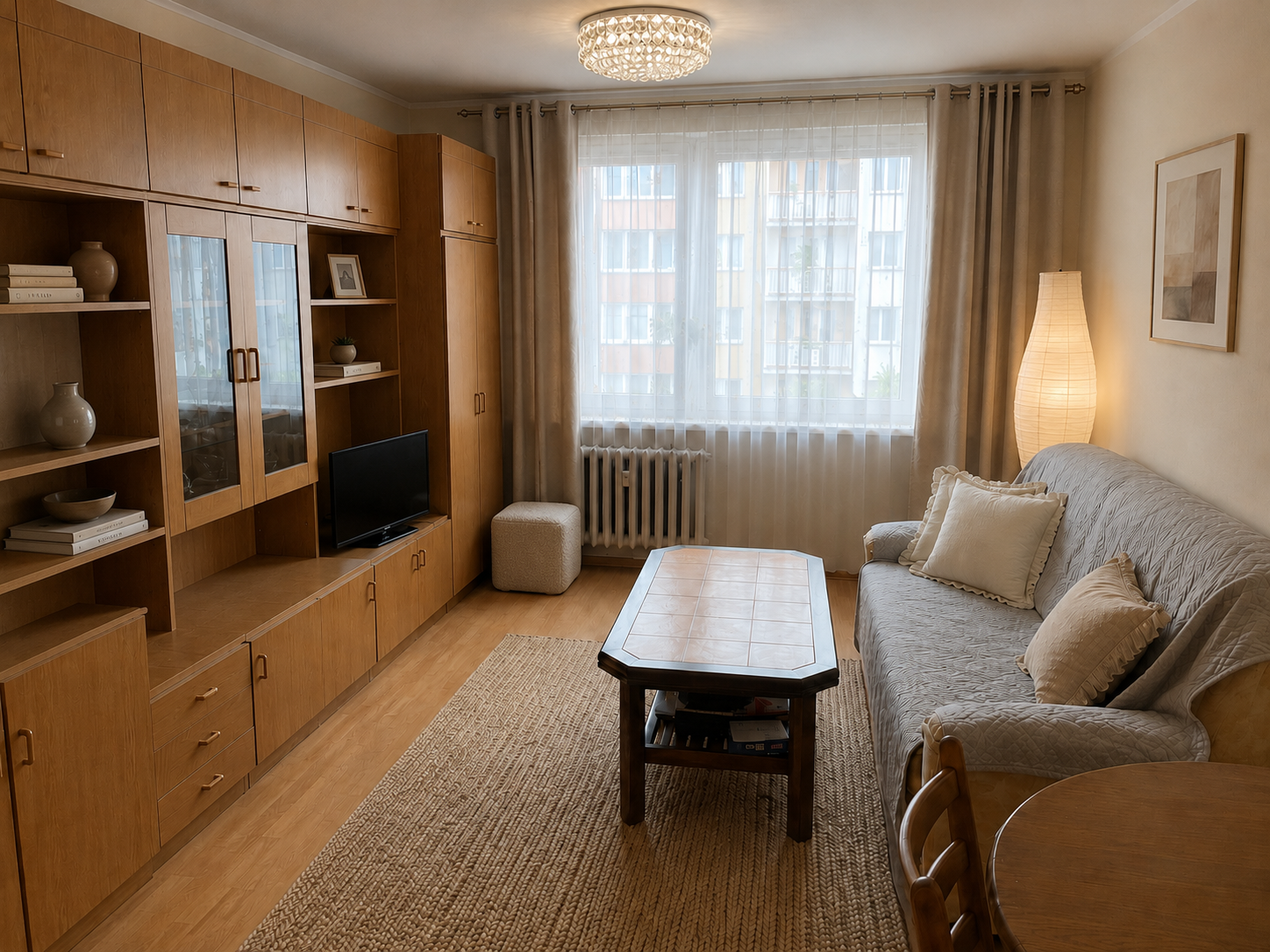 Salon z uporządkowaną meblościanką i beżową pufą z tkaniny boucle